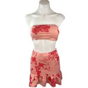 Missguided Pink Red Floral Ruffle Hawaiian Tube Crop Skirt 2 Piece Set Size 2